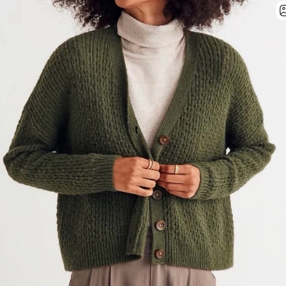 Madewell Green Button-Up Cardigan alpaca knit sweater button front top cableknit - Picture 4 of 4